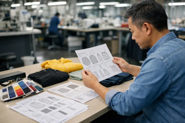 Precision sampling and fit inspection for custom cut and sew sportswear manufacturing