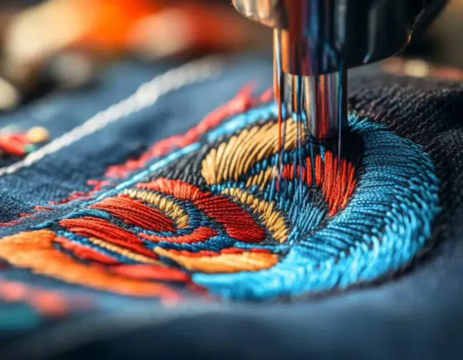 Professional multi-head embroidery machine stitching a custom logo onto sportswear fabric