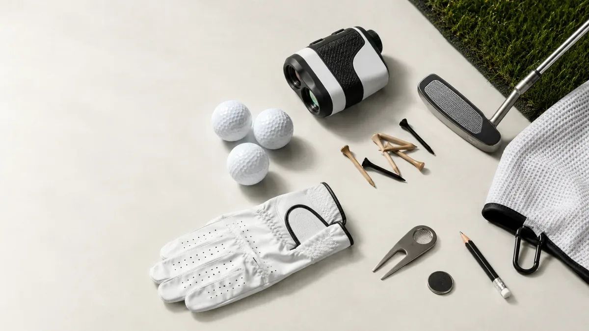 Flat lay of golf accessories: cabretta leather glove, golf balls, tees, rangefinder, divot tool, towel and ball marker
