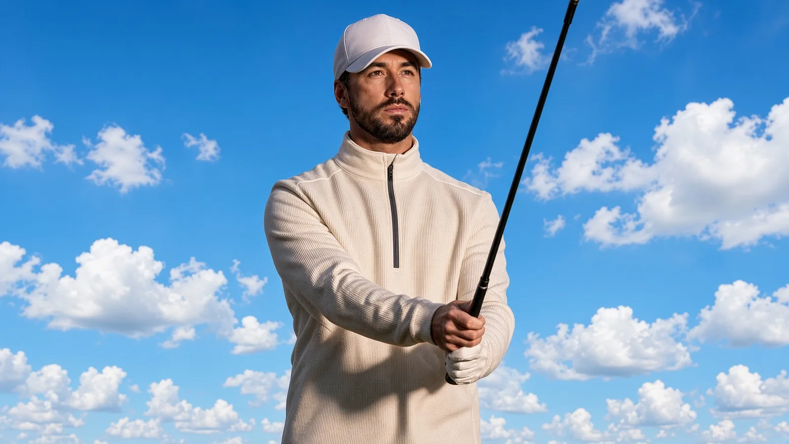 Golfer in a cream quarter-zip performance jacket addressing a shot against a blue sky