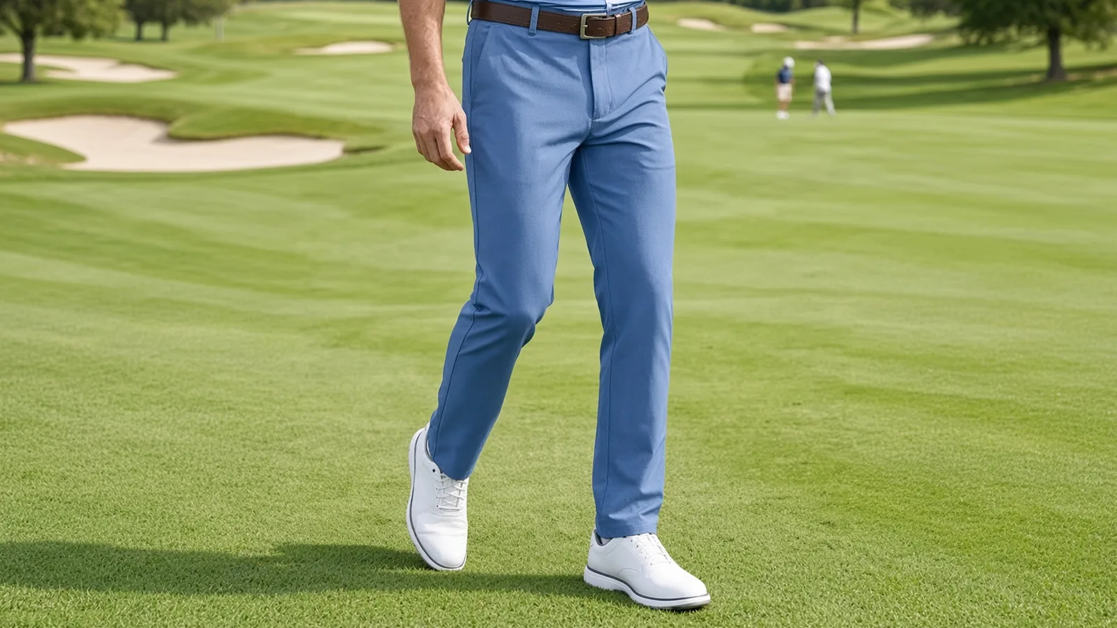 Golfer in blue flat-front performance trousers with a leather belt walking across a fairway