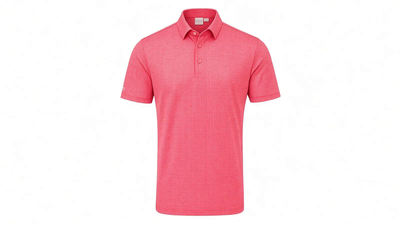 Pink textured pique golf polo shirt with a three-button placket and a structured self-fabric collar
