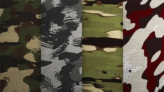 Custom camouflage fabric patterns showing woodland and field patterns for hunting apparel