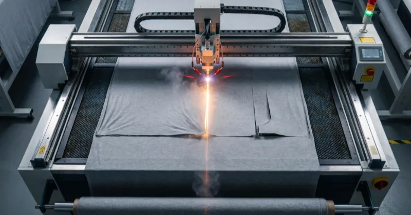 Automated laser cutting machine processing layers of modal knit fabric without tension.