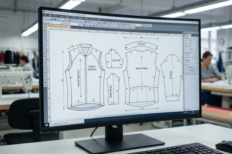 CAD pattern making software interface for custom cycling jerseys on a computer monitor.