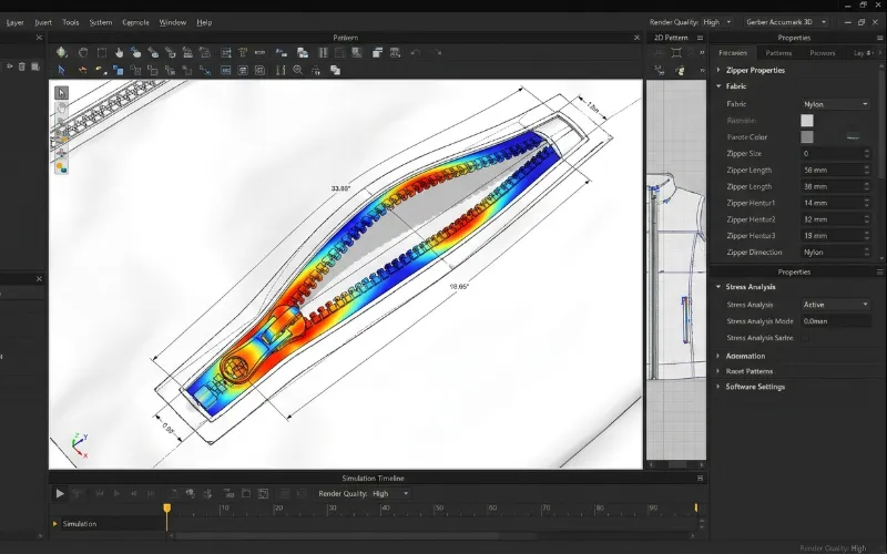 CAD software screenshot showing stress points on a curved zipper pocket.