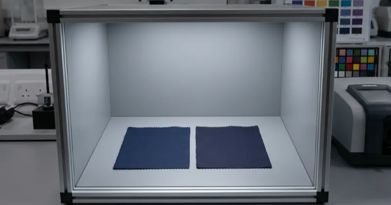 Comparing fabric color swatches inside a D65 lightbox for shade approval.
