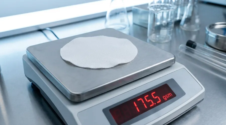 Digital scale showing the GSM weight of a golf polo fabric sample.