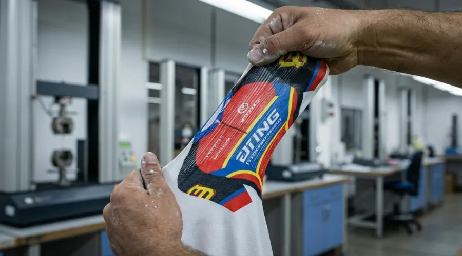 Hands aggressively stretching printed Lycra fabric to demonstrate logo distortion under tension.