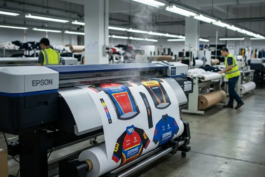 Industrial Epson dye-sublimation printer printing cycling jersey designs onto transfer paper in a factory.