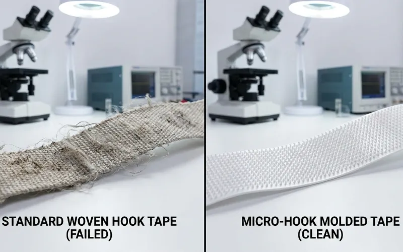Industrial Juki sewing machine performing a Box-X stitch on hook-and-loop tape.
