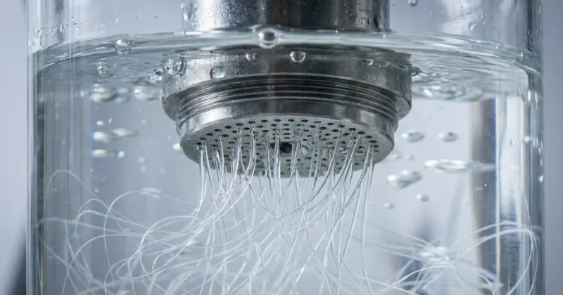Industrial spinneret nozzle extruding cellulose fibers in a wet spinning process.