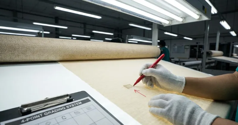 Quality inspector marking fabric defects using 4-Point System on a light table.