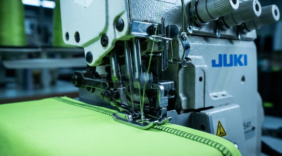 Real-time flat-lock stitching on a Juki 1541 sewing machine.