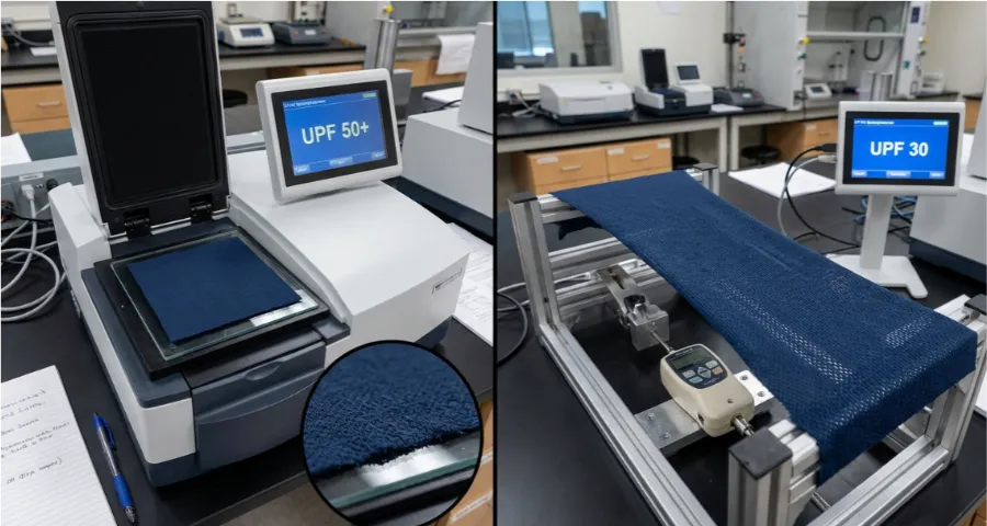 Side-by-side comparison of fabric UPF testing flat vs 20% stretched state.