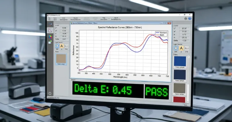 Spectral data analysis showing Delta E score under 1.0 for textile color matching.