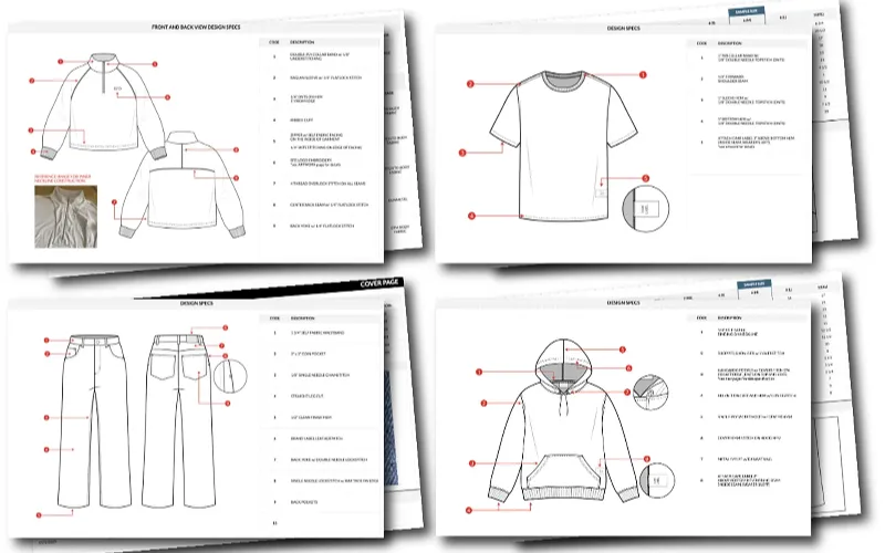 Tech pack seam specification with stitch type, width, and SPI callouts
