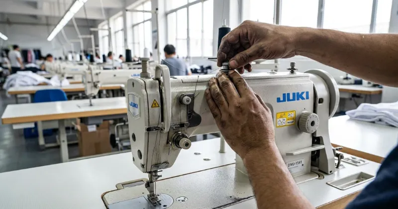 Technician calibrating a Juki 1541 sewing machine for production.