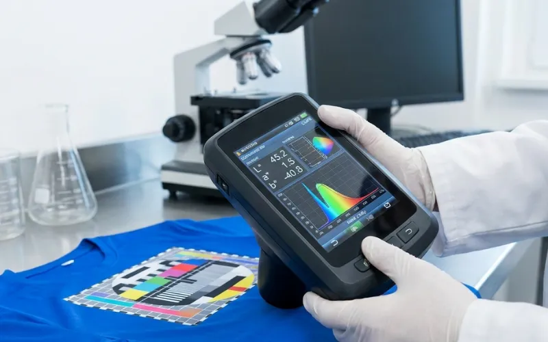 Technician using a spectrometer to measure color shift on fabric.