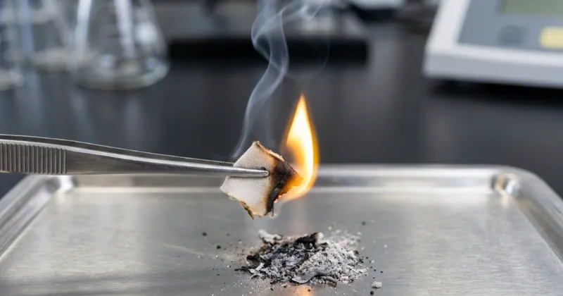 Textile burn test for modal identification showing yellow flame and gray ash.