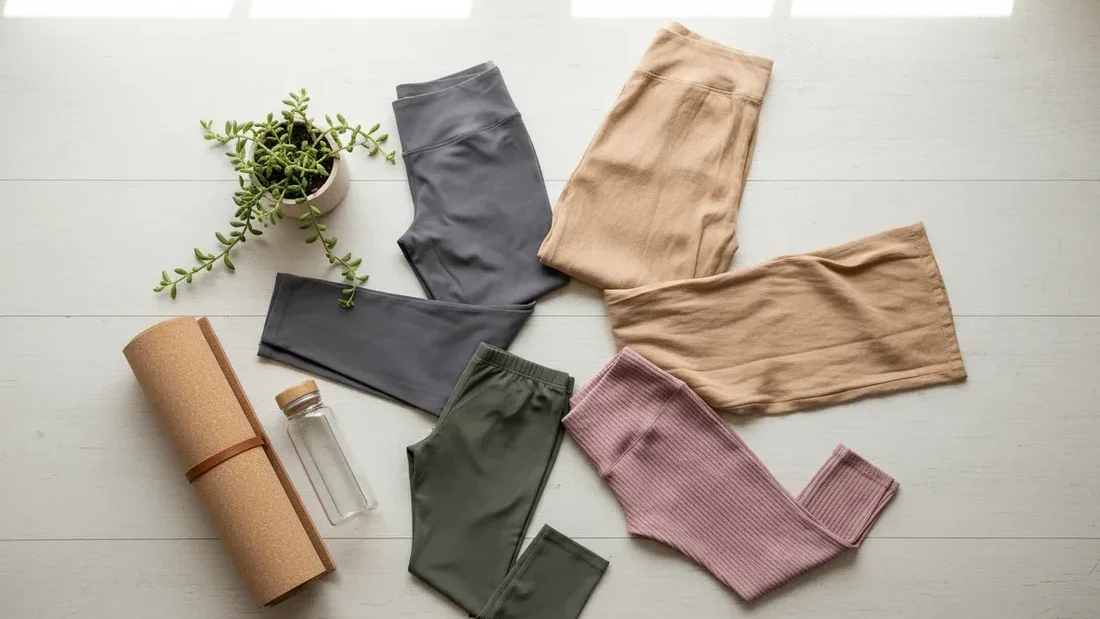 Four styles of yoga pants laid out flat — grey, tan, olive and pink ribbed leggings beside a cork yoga mat and water bottle