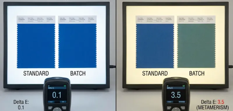 Visual comparison of metamerism showing color shift under different light sources.