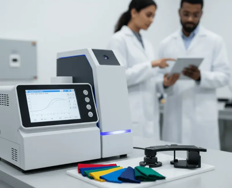 We test fabrics using a UV-Vis Spectrophotometer equipped with an Integrating Sphere.