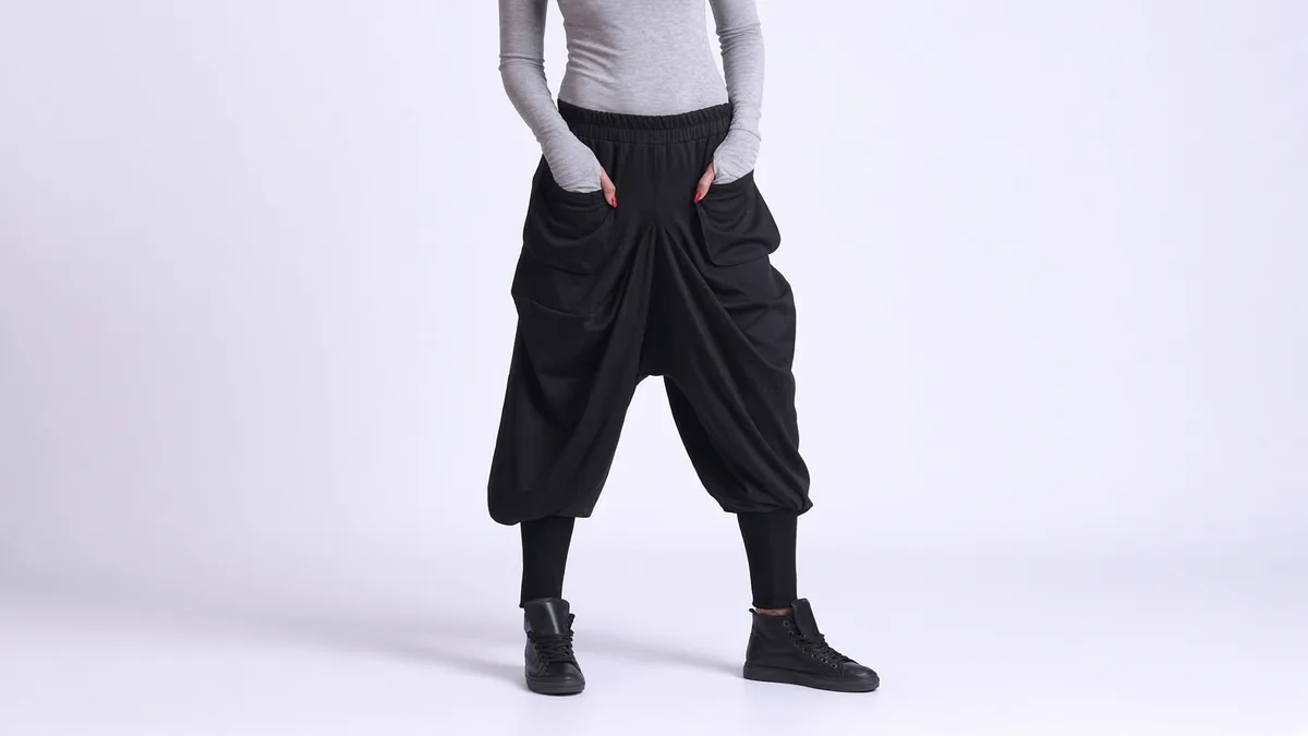 Harem and drop-crotch lounge pants — loose low-crotch silhouette