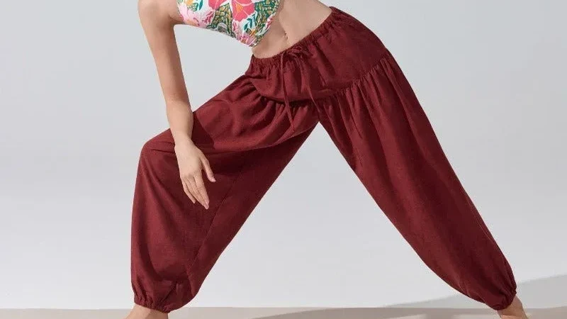 Jogger-style yoga pants with tapered cuffs in maroon — athleisure activewear