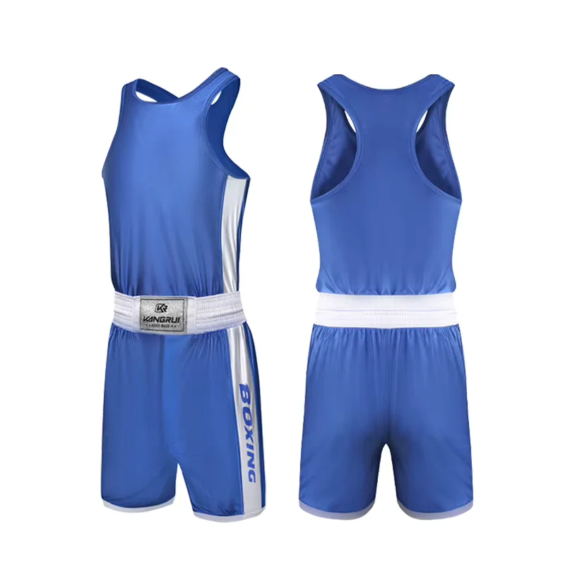 Blue amateur boxing competition set shown front and back, a racerback vest with white beltline and matching shorts with side stripes
