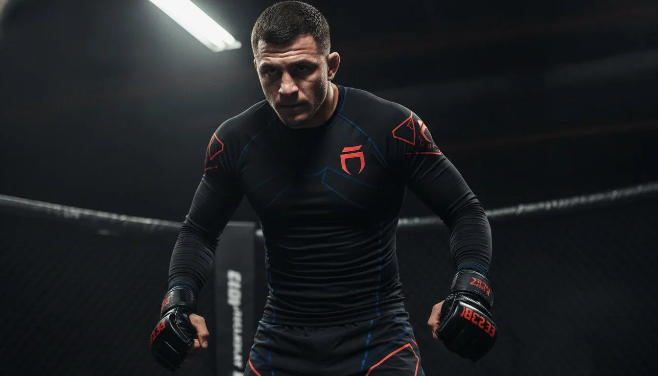 Fighter wearing a black long-sleeve compression rash guard with red logo prints, MMA gloves, and a dark cage backdrop