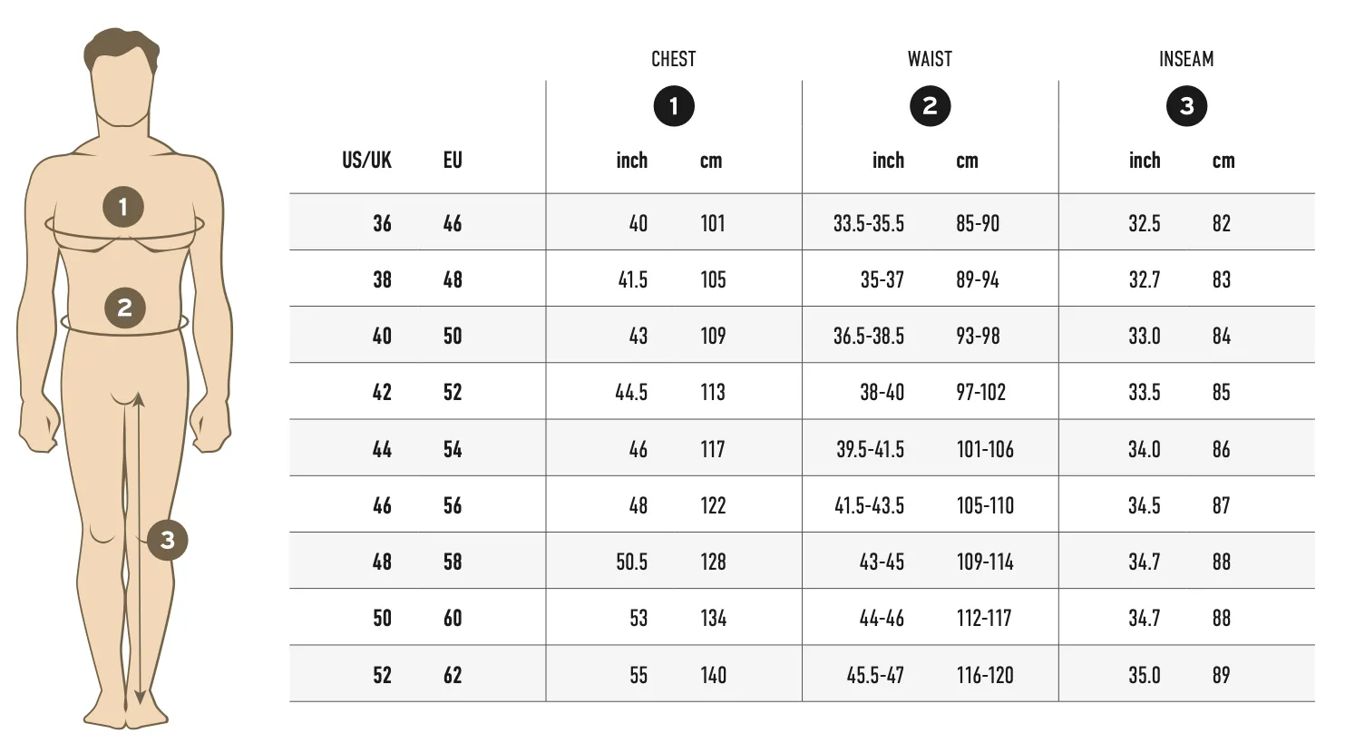 Men's daily suits size chart with detailed measurement specifications