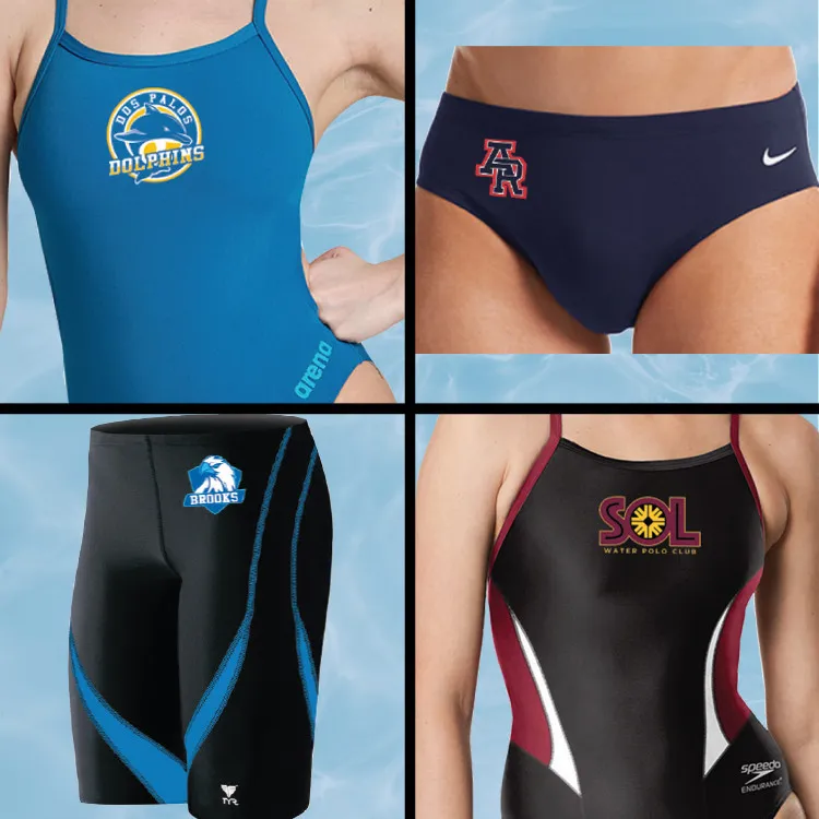Custom private label swimwear with branded tags, labels, and retail-ready presentation