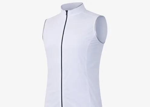 White sleeveless cycling gilet on a mannequin with a black full-length zipper and high collar