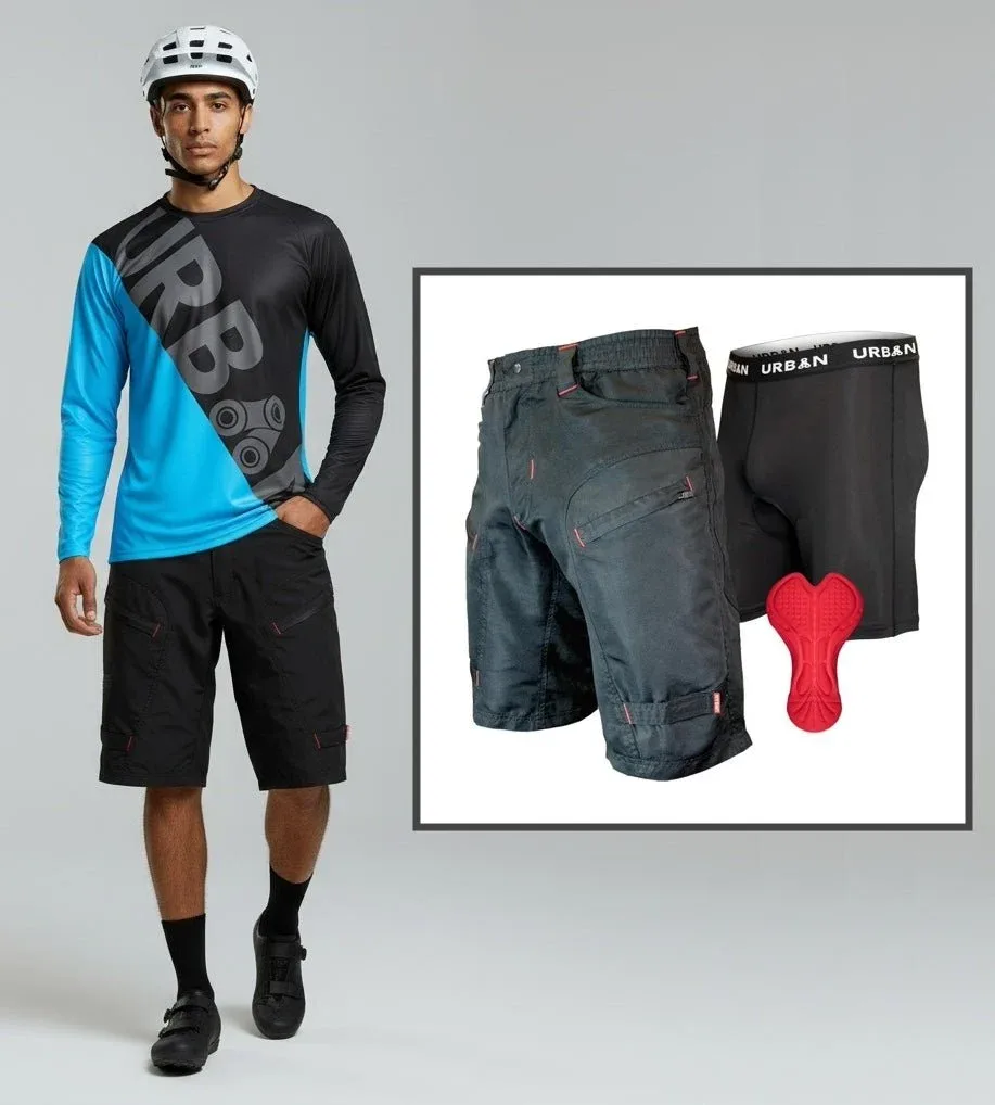 Rider in a long-sleeve trail jersey and baggy MTB overshorts, alongside a detail shot of cargo overshorts and a padded liner