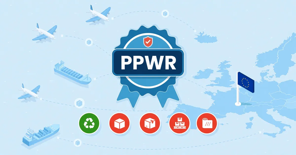 EU PPWR packaging regulation badge over a map of Europe with an EU flag, cargo ships and aircraft, and recycling, carton, factory, and film icons