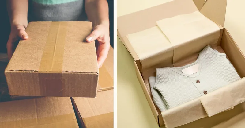 A sealed cardboard box held in two hands next to an open box containing a folded garment resting on tissue paper