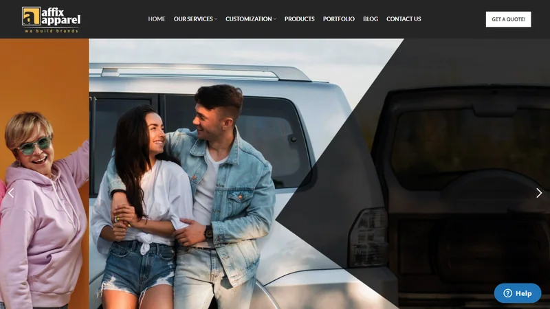 Affix Apparel homepage with the 'We build brands' logo and a hero photo of models beside a vehicle