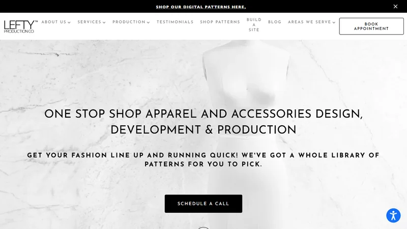 Lefty Production Co. homepage showing the headline 'One stop shop apparel and accessories design, development and production'