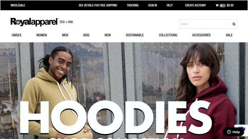 Royal Apparel homepage showing the headline 'Hoodies — Shop Collection' over a photo of two models