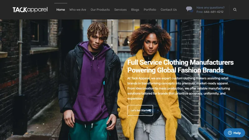 Tack Apparel homepage showing the headline 'Full Service Clothing Manufacturers Powering Global Fashion Brands'
