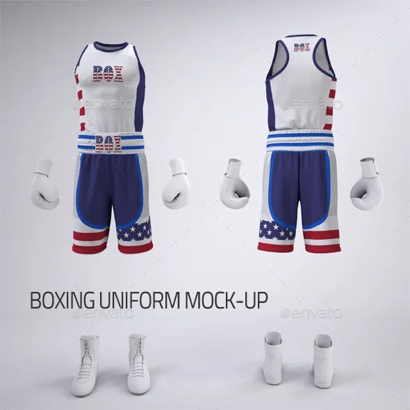 Photorealistic 3D mockup renderings of custom boxing apparel designs
