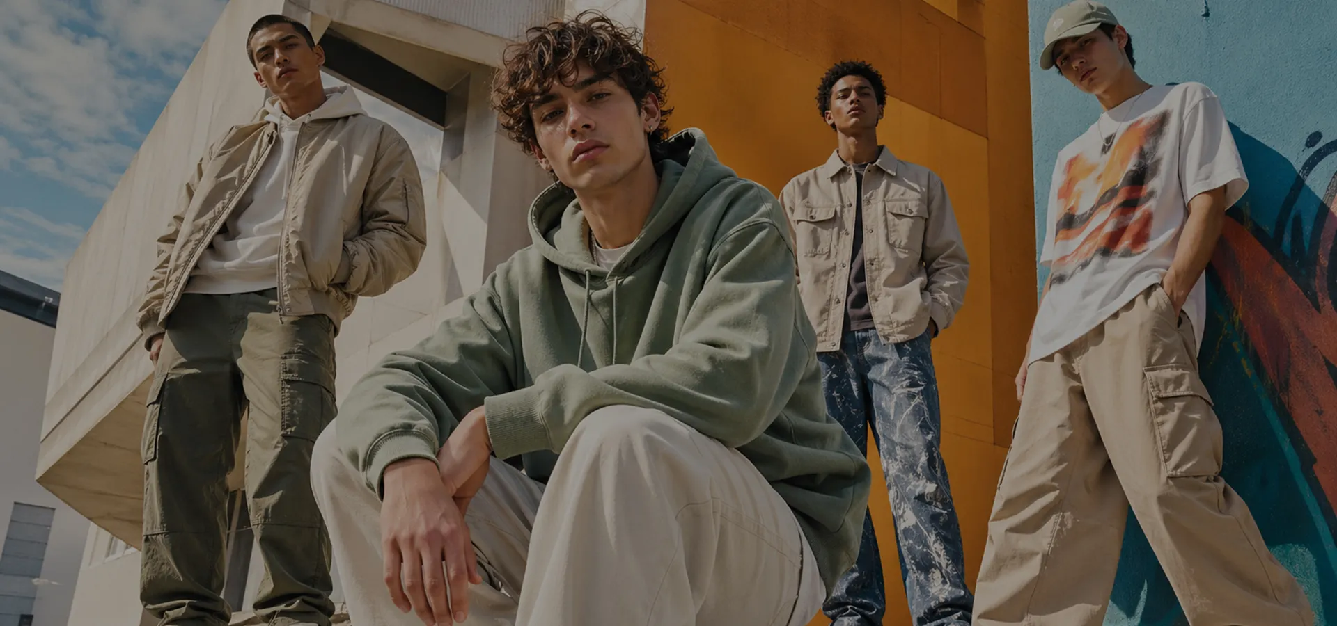 Custom streetwear manufacturing — oversized hoodies and heavyweight tees in an urban setting