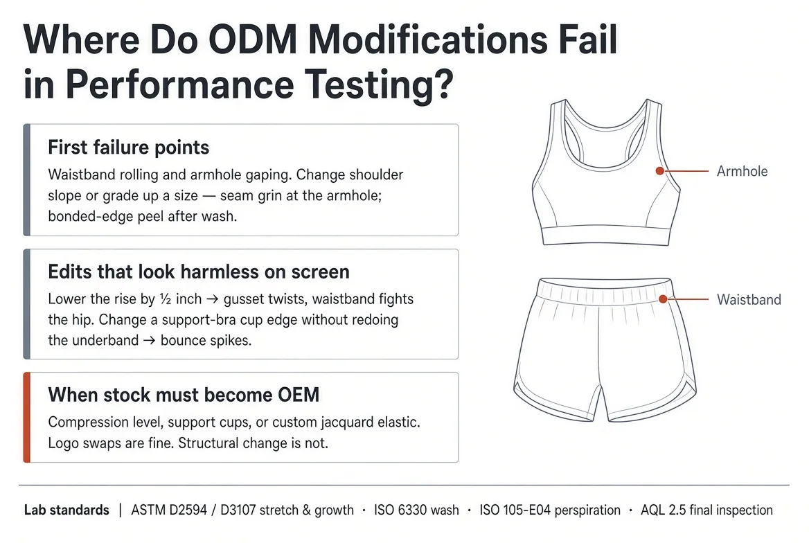 Diagram of ODM modification failure points on sportswear — waistband rolling, armhole gaping, seam grin, gusset twist and support-bra bounce annotated on a sports bra and shorts, with lab standards ASTM D2594/D3107, ISO 6330, ISO 105-E04 and AQL 2.5 listed below