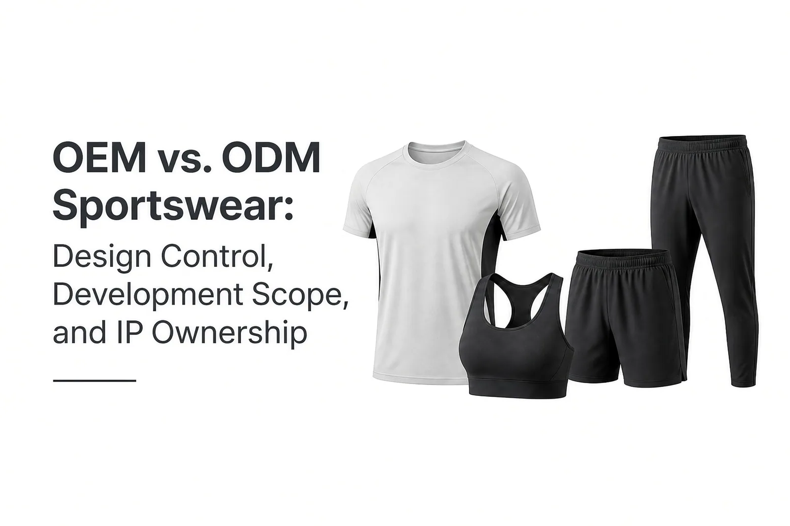 OEM vs ODM sportswear title card — design control, development scope, and IP ownership — beside blank technical sportswear: a raglan training tee, a sports bra, shorts, and joggers