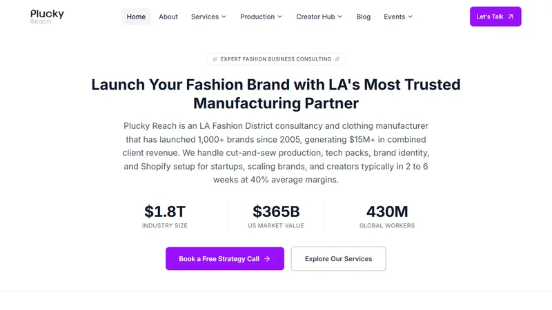 Plucky Reach homepage — Los Angeles fashion manufacturing consultancy