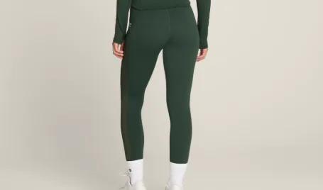 Dark green compression leggings with a contrast side panel, worn with white socks