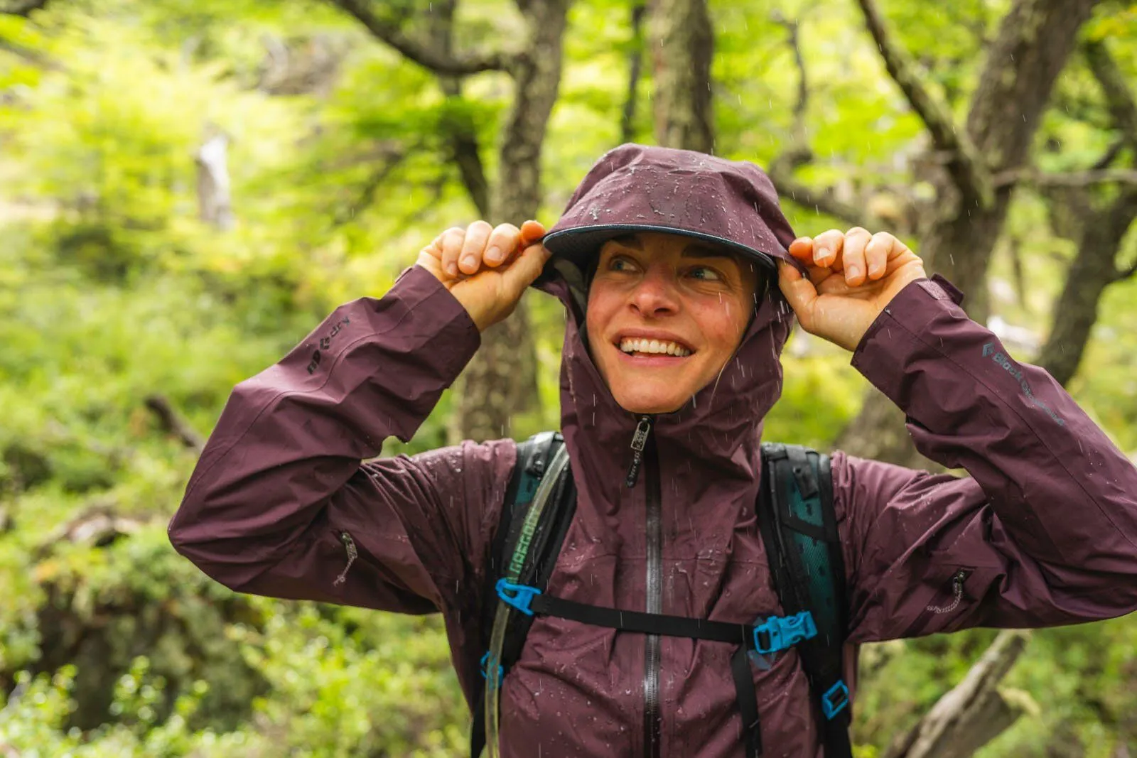 Waterproof breathable hiking shell jacket in mountain rain