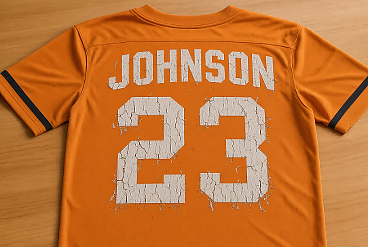 Embroidered team emblem and player number on a uniform