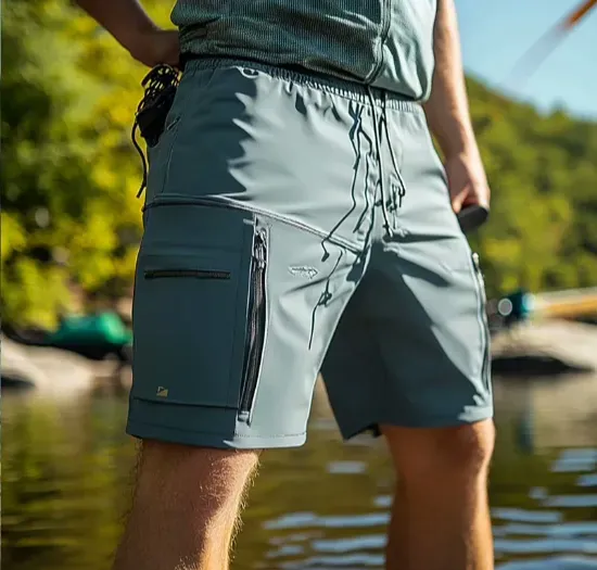 Custom fishing shorts with quick-dry fabric and multiple pocket storage